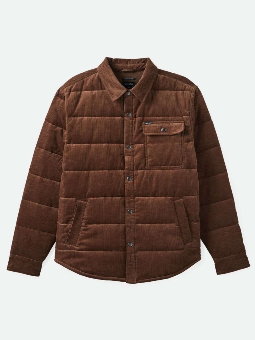 Brixton Men’s Cass Corduroy Puffer Jacket Pinecone Brown Snap Front Large